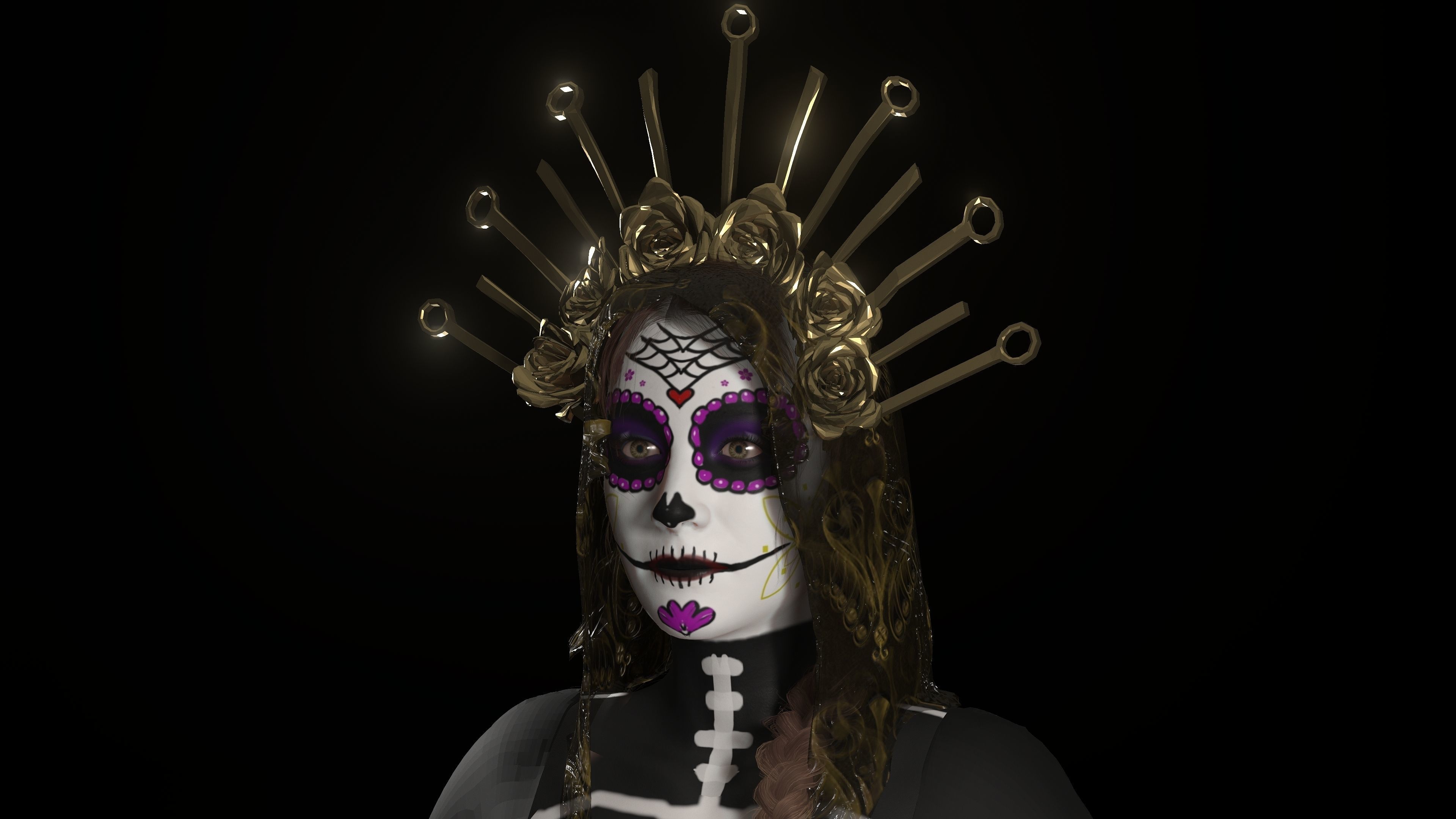 Catrina skeleton woman in dress Low-poly 3D model_2