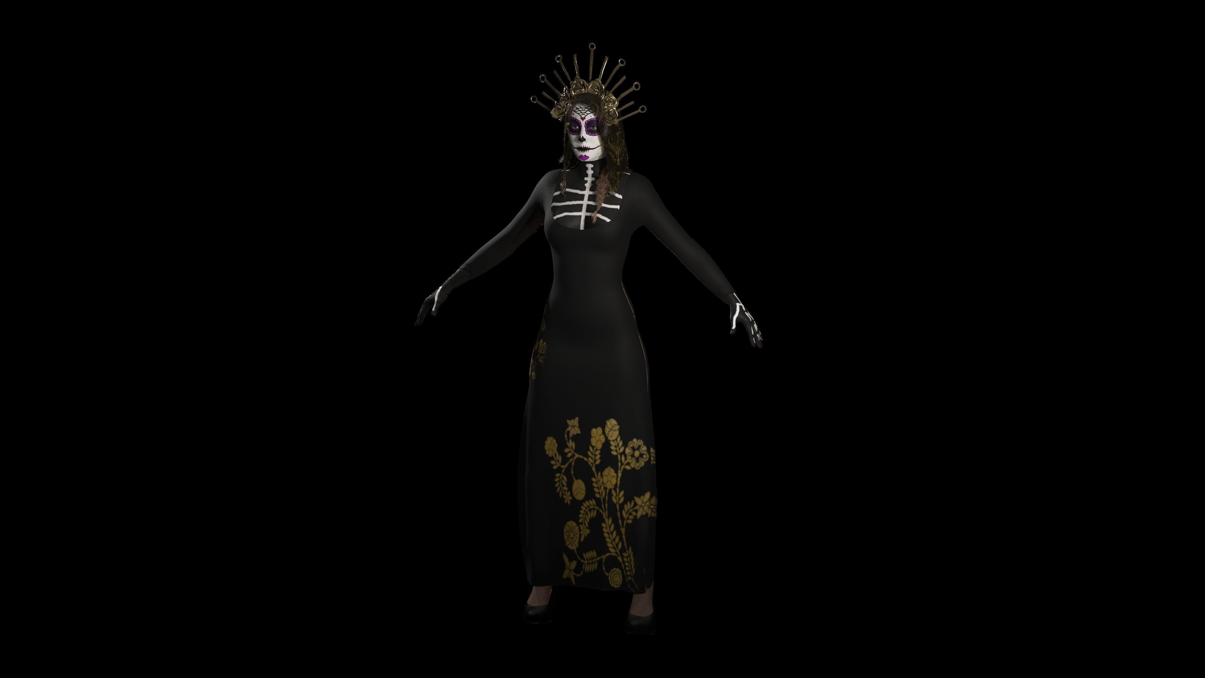 Catrina skeleton woman in dress Low-poly 3D model_3