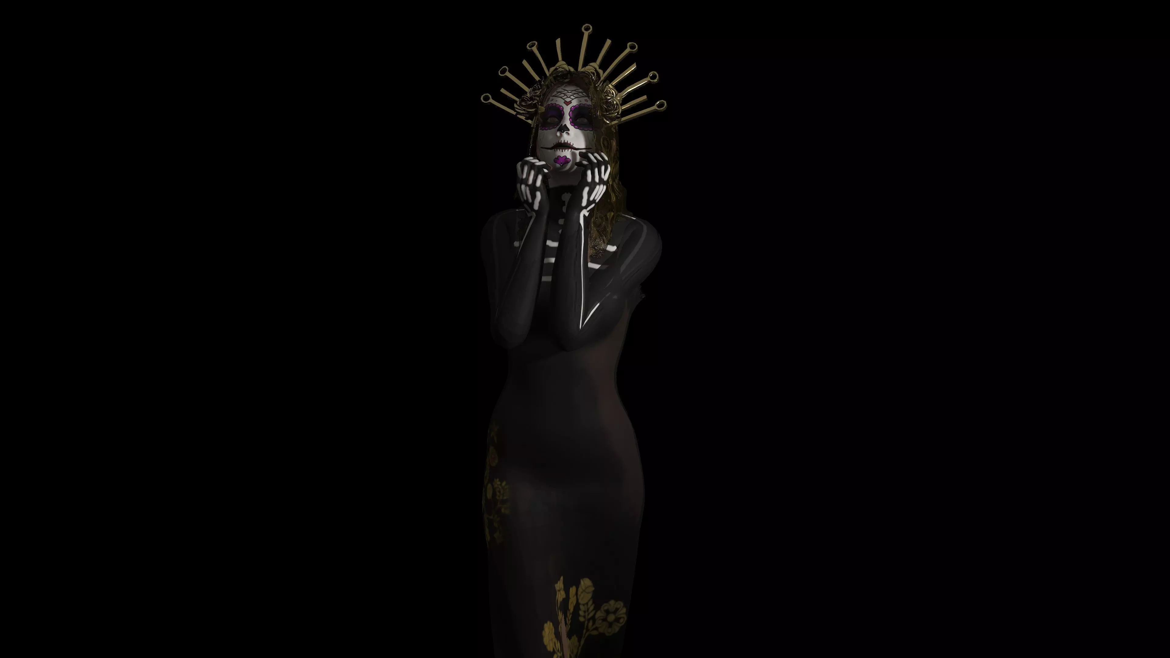 Catrina skeleton woman in dress Low-poly 3D model_0