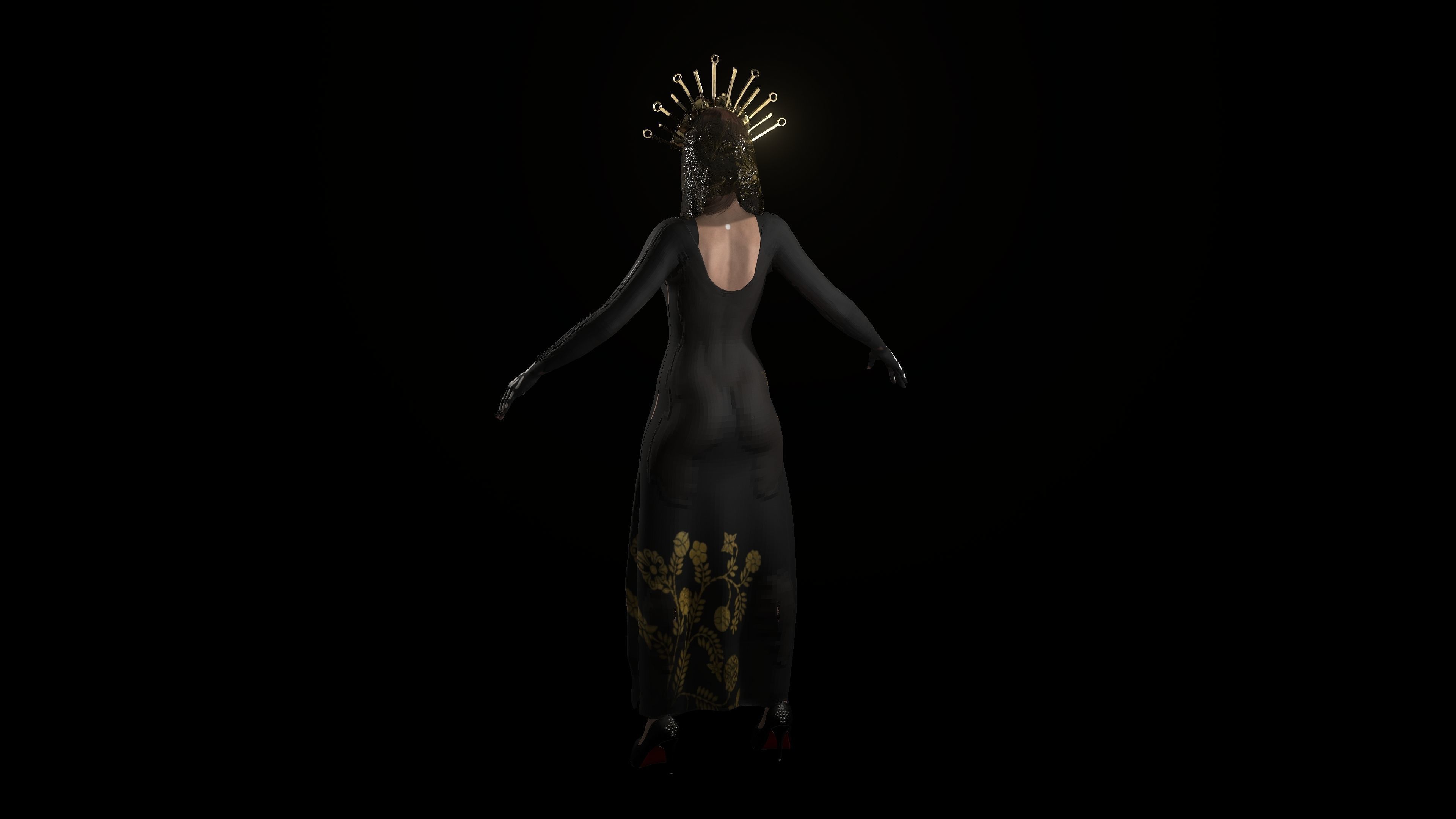 Catrina skeleton woman in dress Low-poly 3D model_4