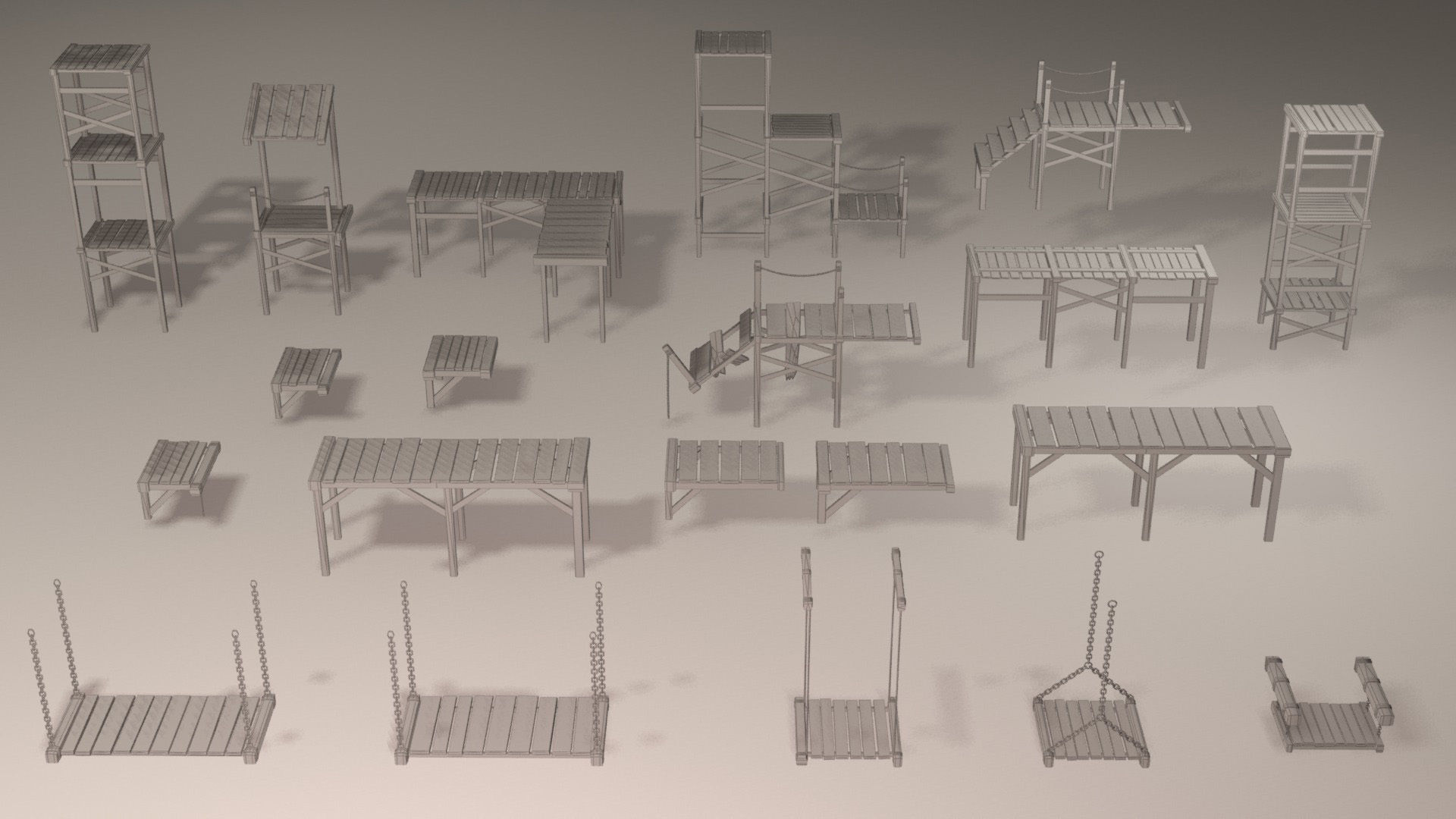 Wooden platforms modular collection Low-poly 3D model_7