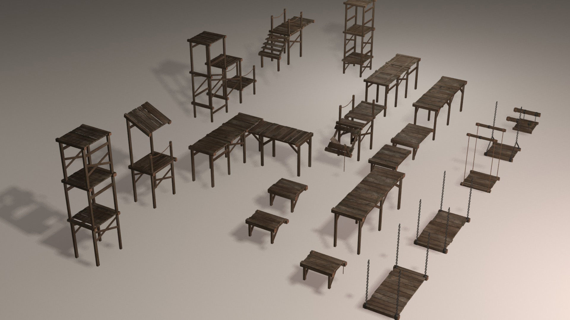 Wooden platforms modular collection Low-poly 3D model_4
