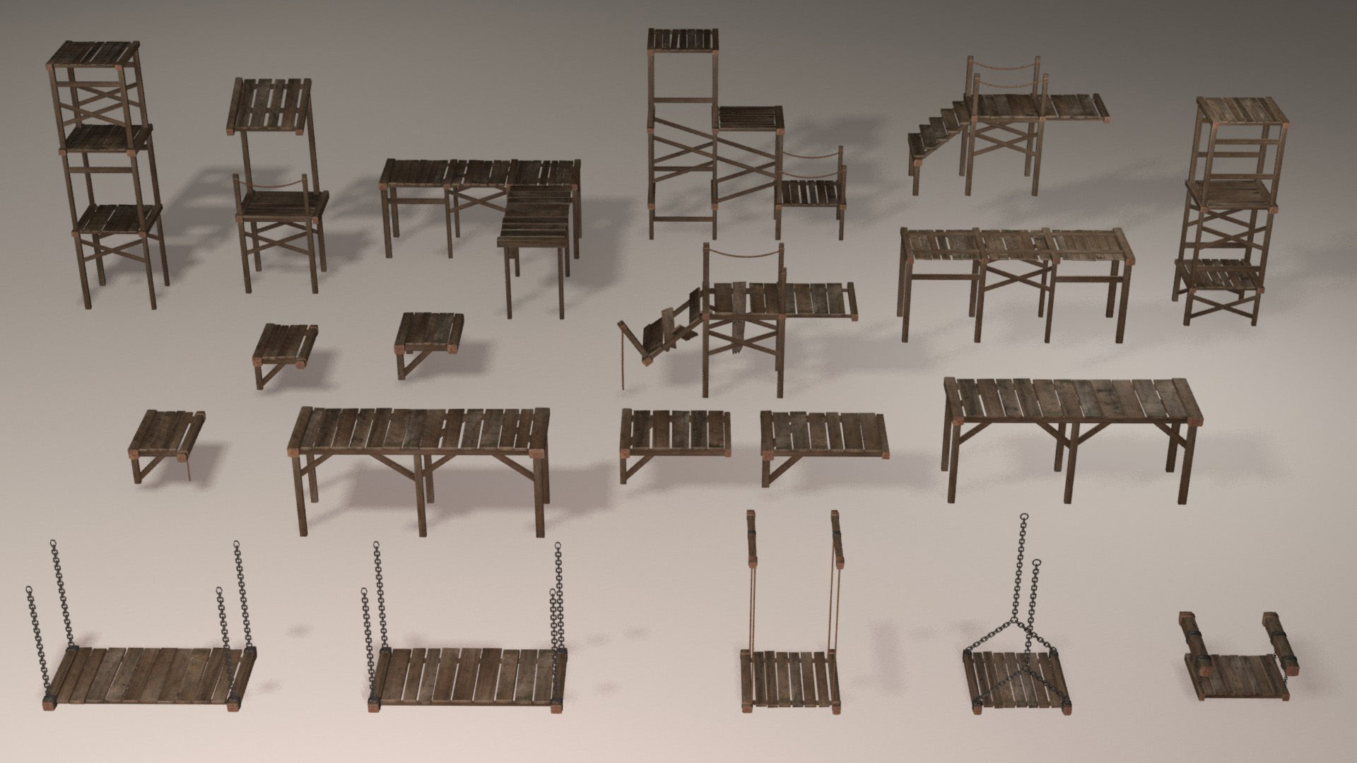 Wooden platforms modular collection Low-poly 3D model_6