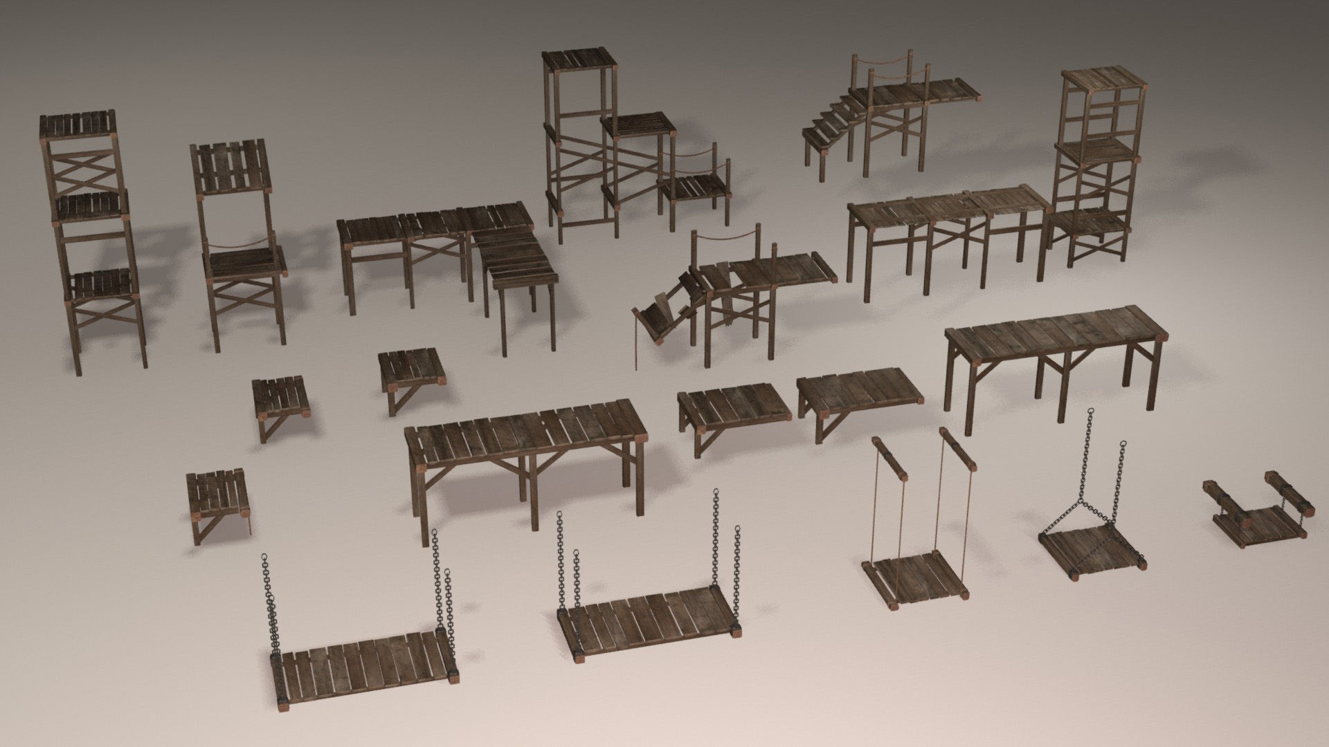 Wooden platforms modular collection Low-poly 3D model_2