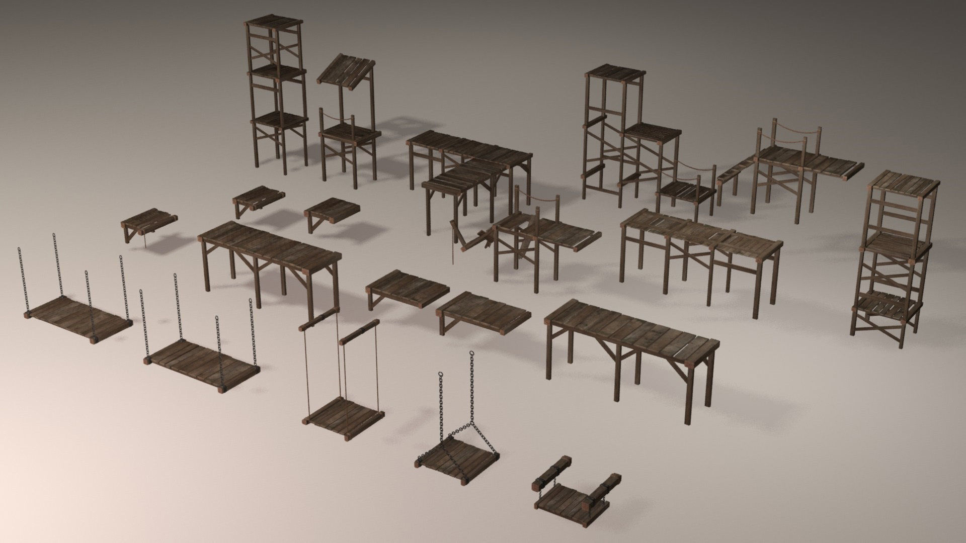 Wooden platforms modular collection Low-poly 3D model_1
