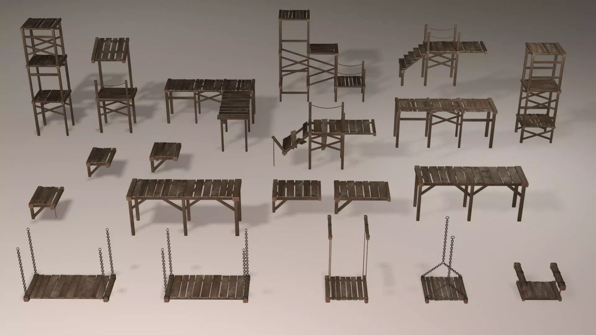 Wooden platforms modular collection Low-poly 3D model_0