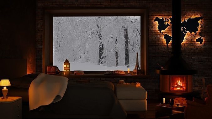 Bedroom 3D Model with fireplace and world Free low-poly 3D model