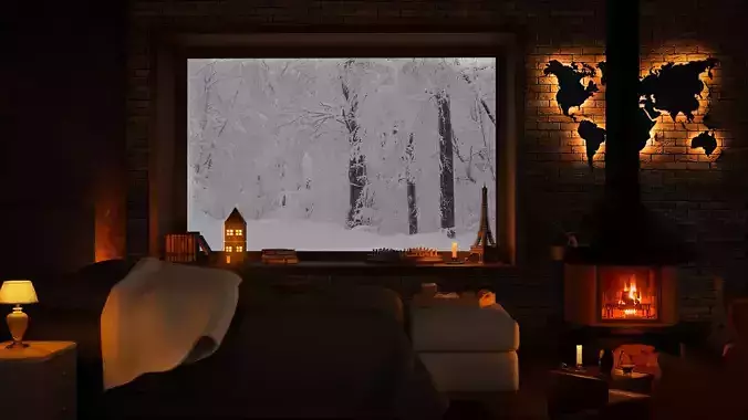 Bedroom 3D Model with fireplace and world