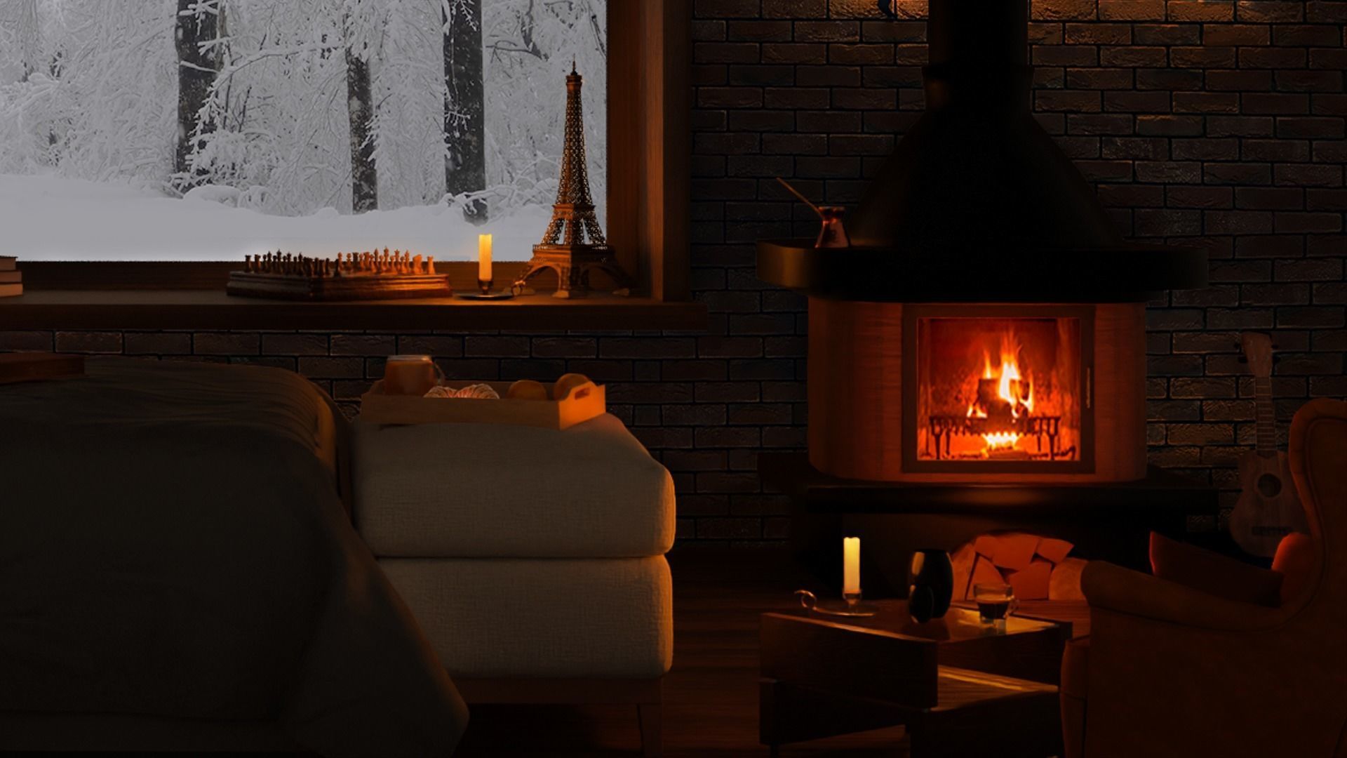 Bedroom 3D Model with fireplace and world Free low-poly 3D model_4