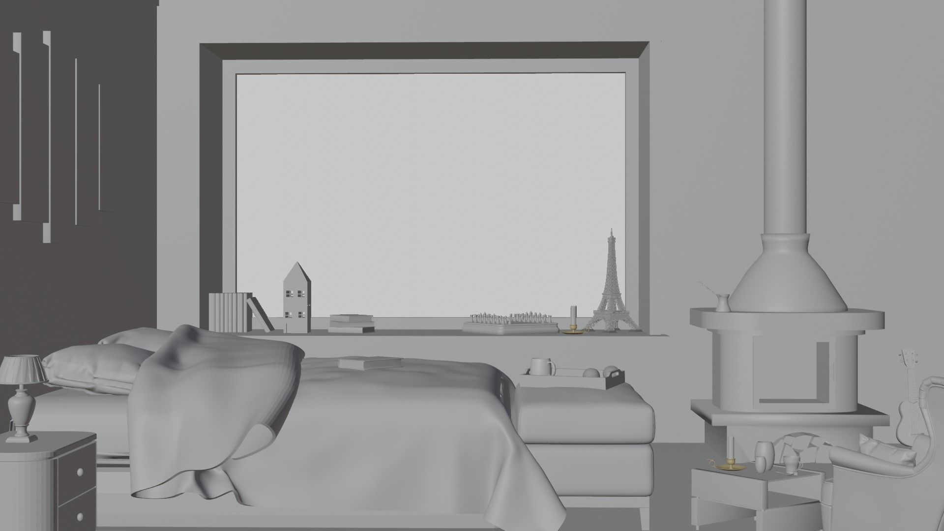 Bedroom 3D Model with fireplace and world Free low-poly 3D model_1