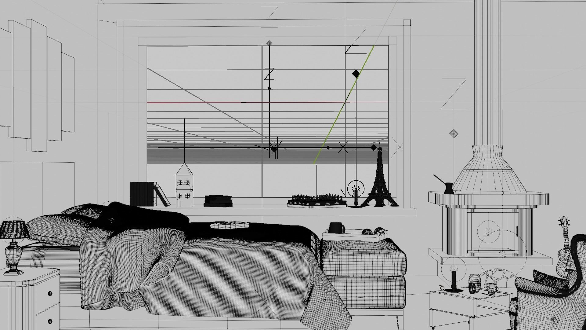 Bedroom 3D Model with fireplace and world Free low-poly 3D model_5