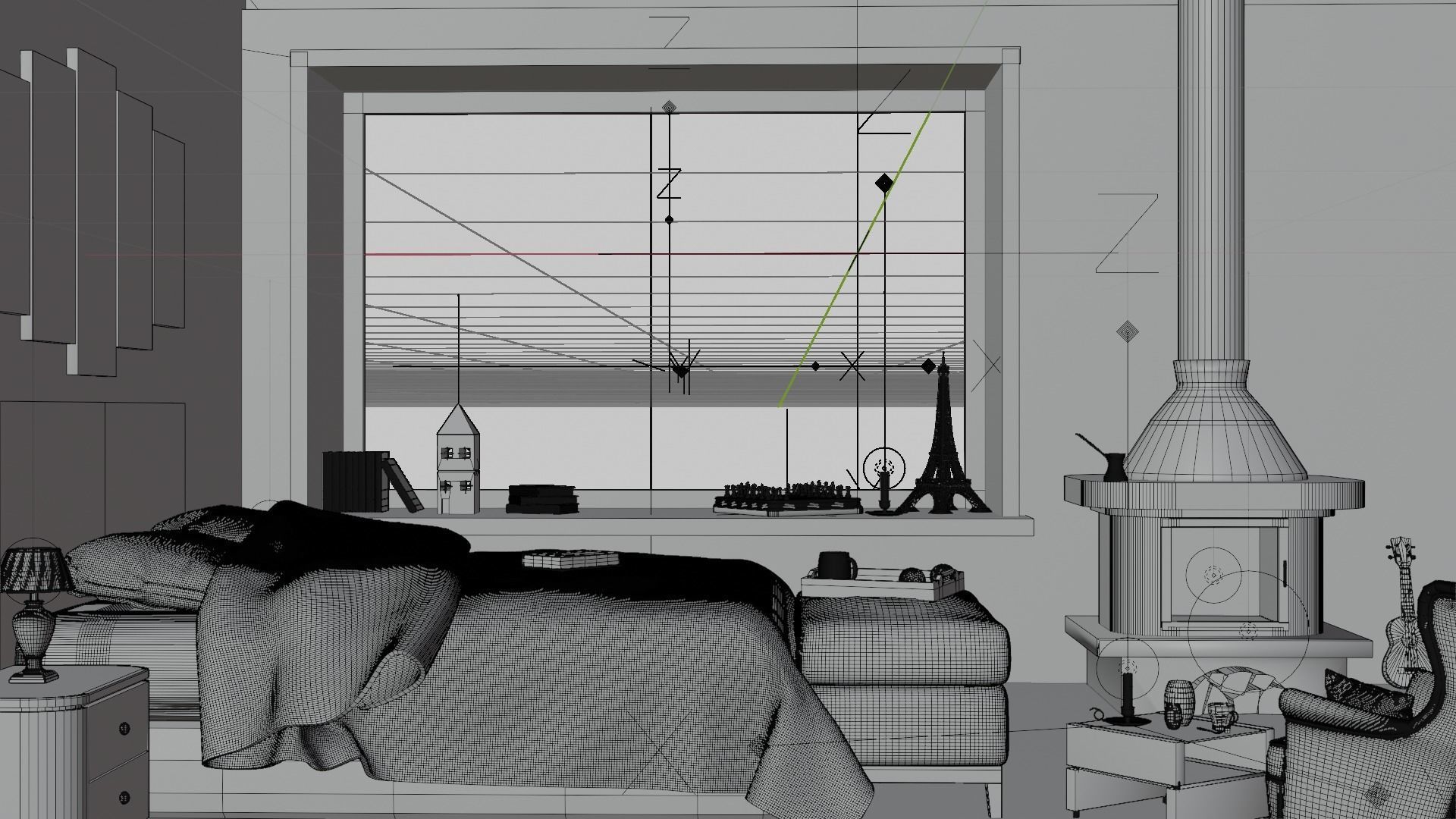 Bedroom 3D Model with fireplace and world Free low-poly 3D model_2