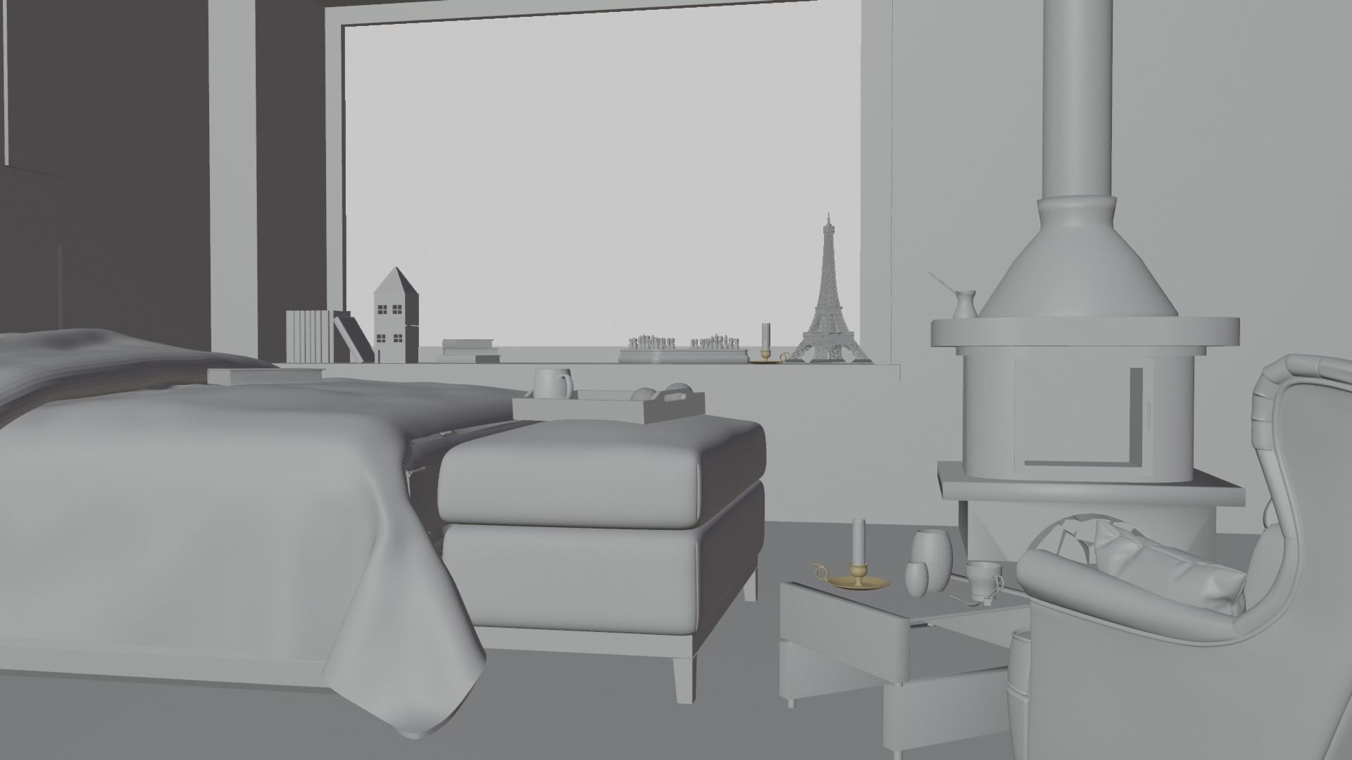 Bedroom 3D Model with fireplace and world Free low-poly 3D model_3