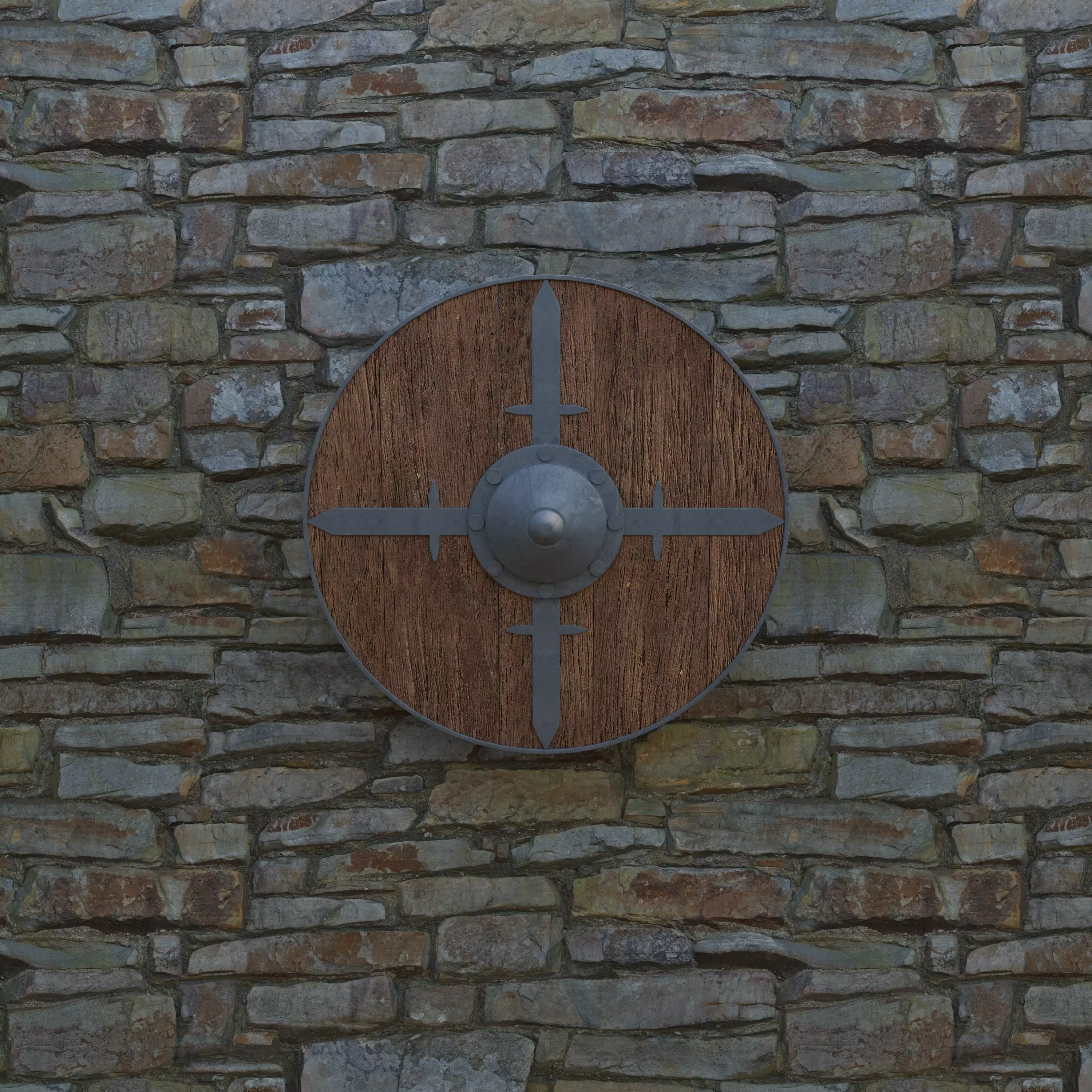 Shield wooden on stone wall Free 3D model