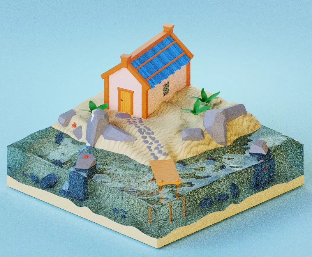house beach vilage top water stones vegeetation Low-poly 3D model