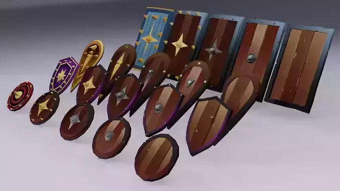 Low poly Shields group of wooden