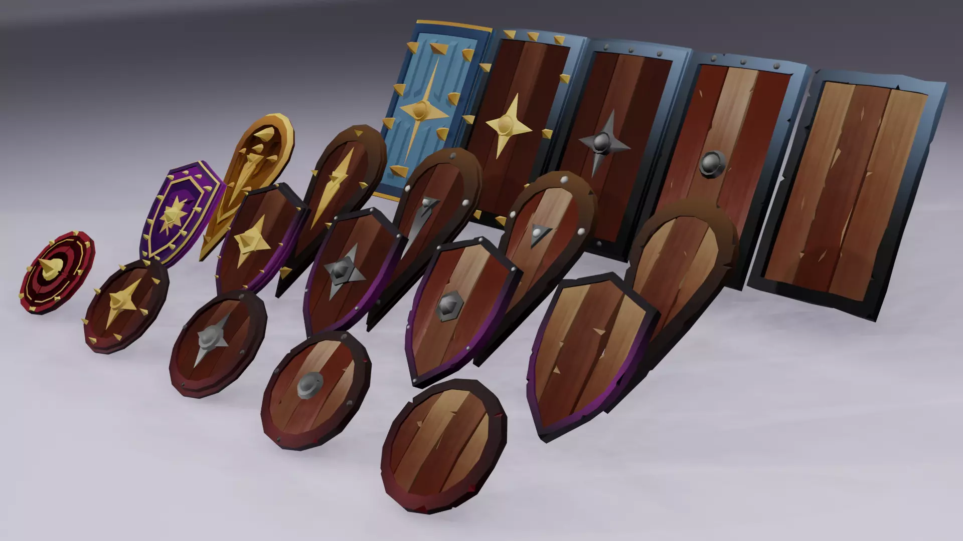 Low poly Shields group of wooden Free low-poly 3D model_0