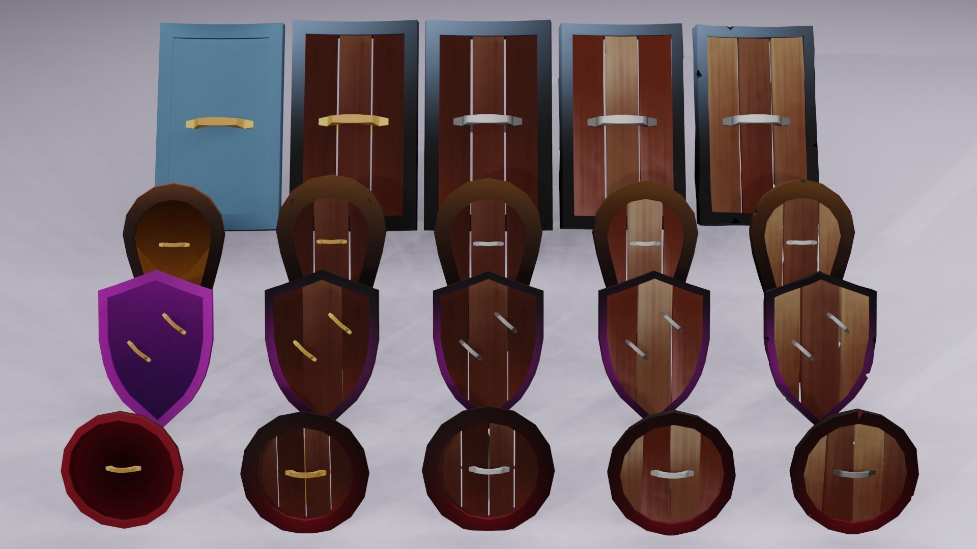 Low poly Shields group of wooden Free low-poly 3D model_2