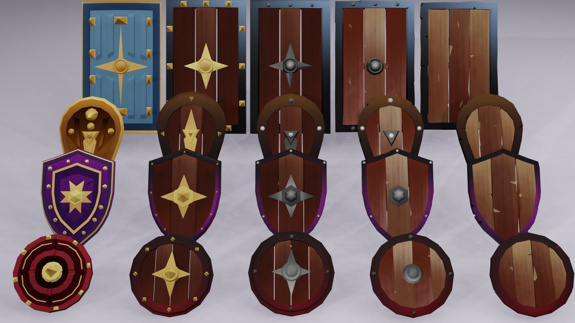 Low poly Shields group of wooden Free low-poly 3D model_1