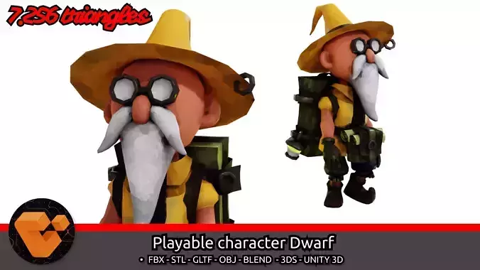 Playable character Dwarf Low-poly 3D model