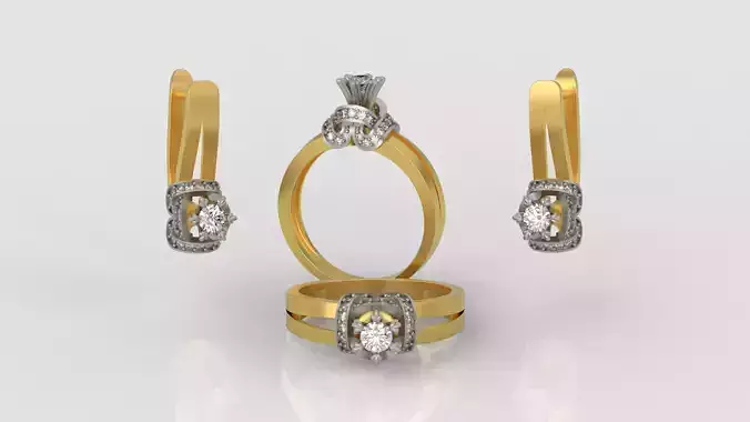 Ring and Earrings Diamond jewelry set 3d print model C10
