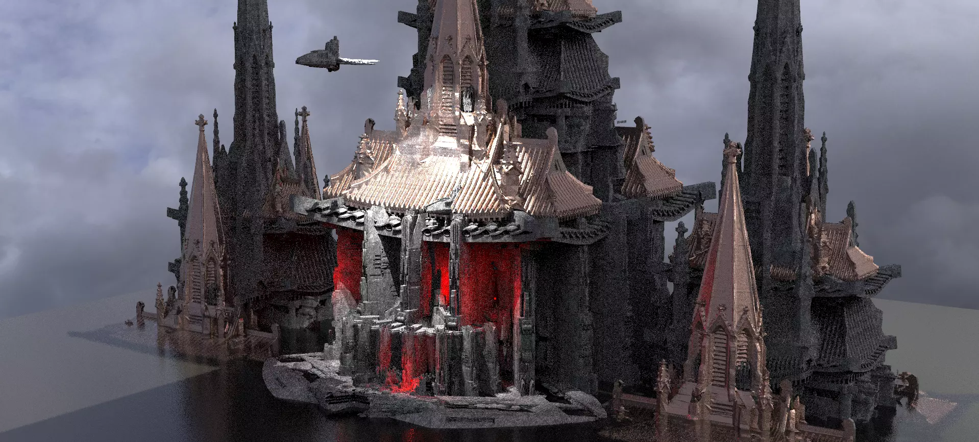 Sci-Fi dark Cyberpunk temples With ship Kit bash 3D model