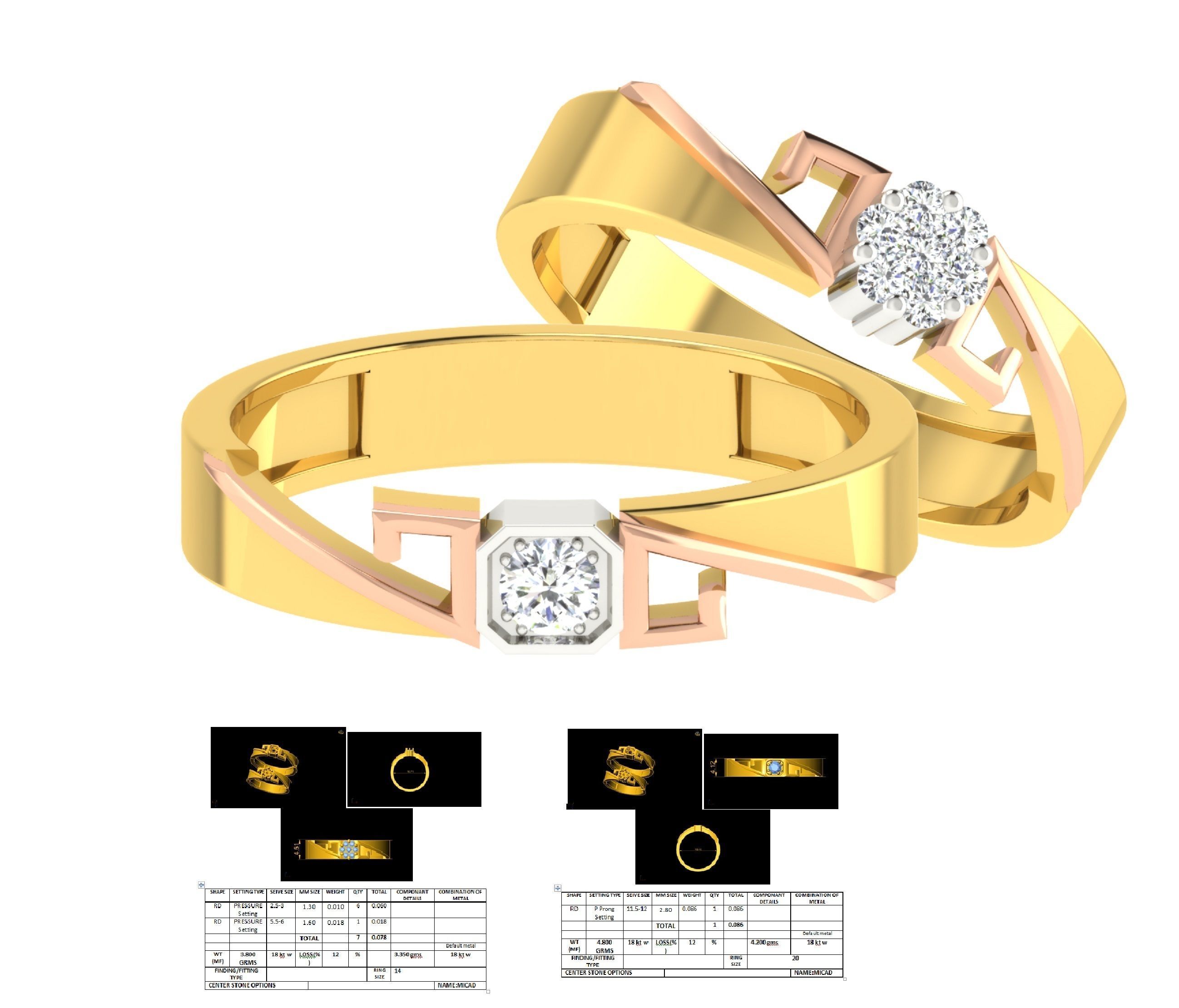 Diamond Solitaire Couple Band Ring 3dm stl render detail  3D print model_1