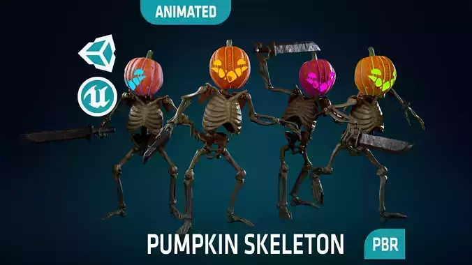 Pumpkin Skeleton - Rigged - Animated - Game Ready Low-poly 3D model