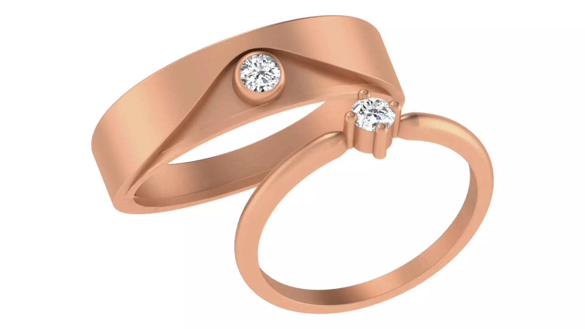 Diamond Solitaire Couple Band Ring 3dm stl render detail 3D print model