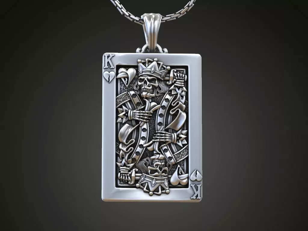 Pendant Playing Card Undead King of Hearts with Skulls in Crown 3D print model_0