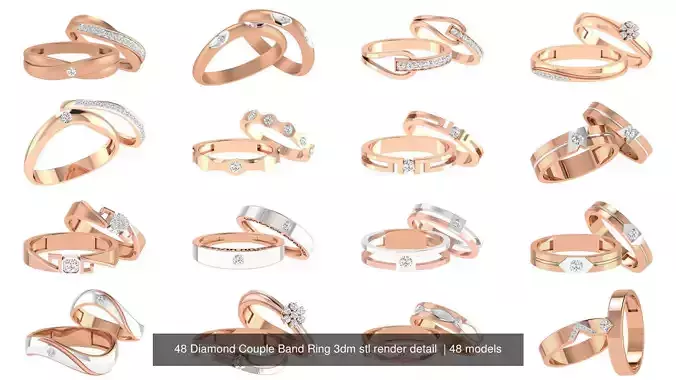 48 Diamond Couple Band Ring 3dm stl render detail 