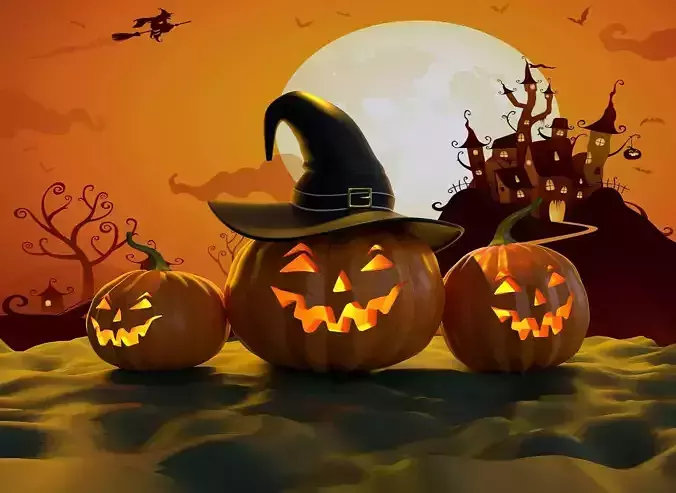 Three glowing halloween pumpkins 3D model