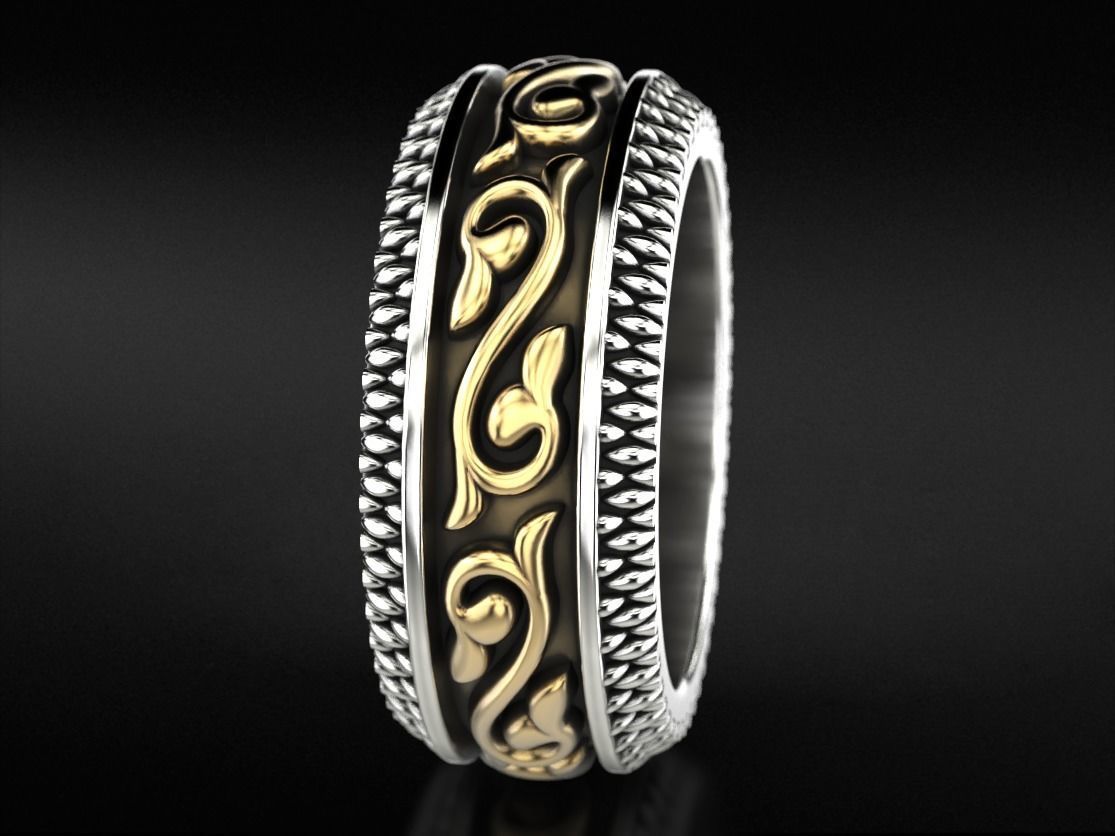 Massive silver patterned ring 3D print model_3