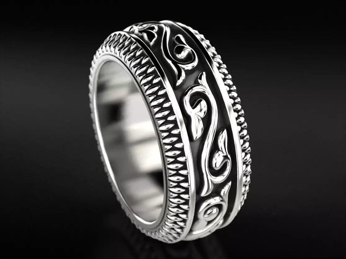 Massive silver patterned ring 3D print model_0