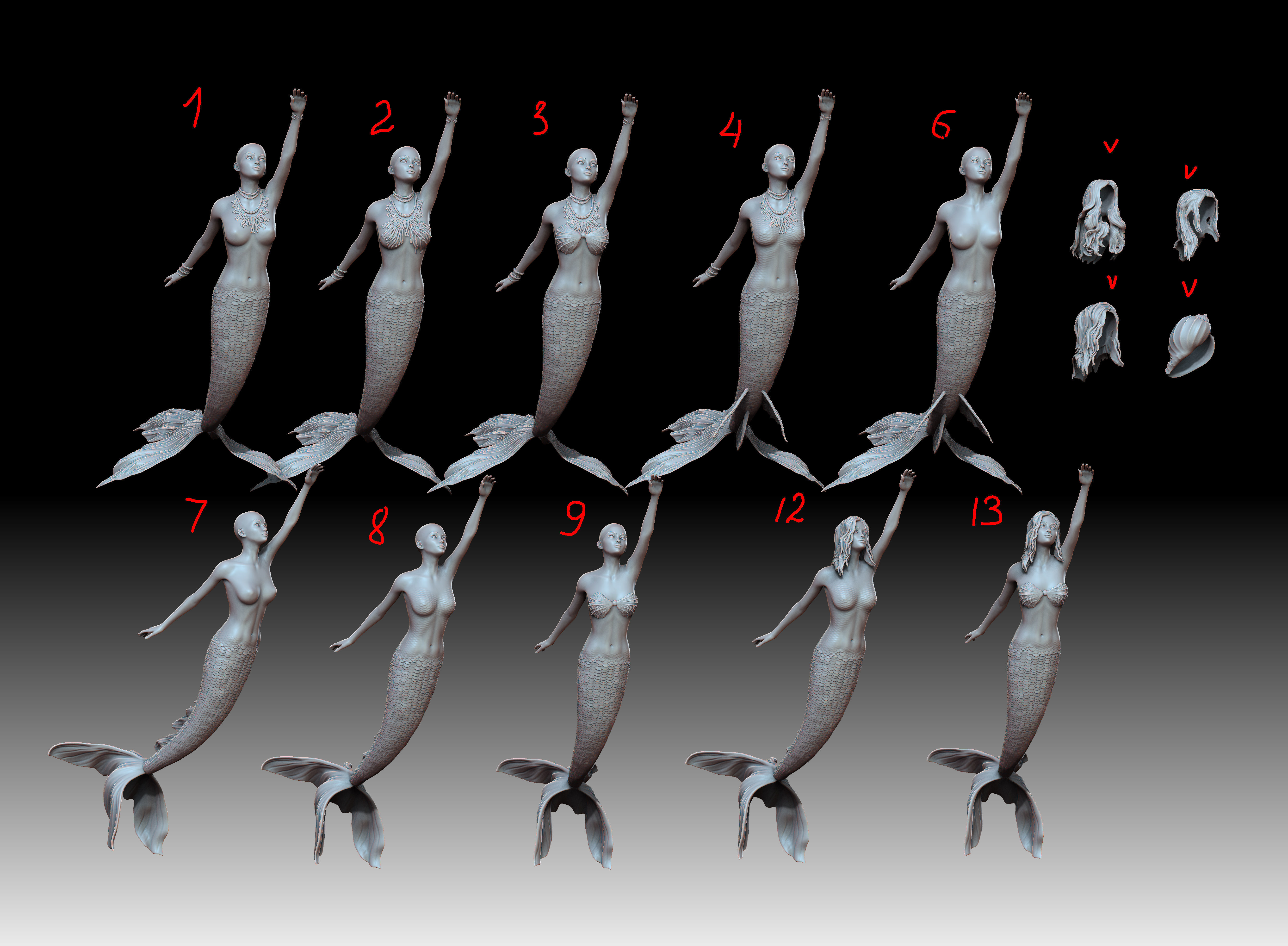 Mermaid several poses and shapes 3D print model_3