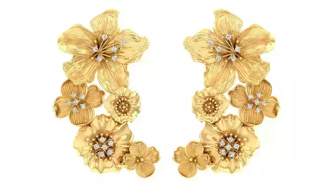 earrings pair of gold flower with diamonds 3D print model