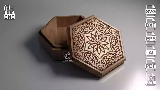 Hexagonal V-Carved Jewelry Box - CNC Files 3D print model