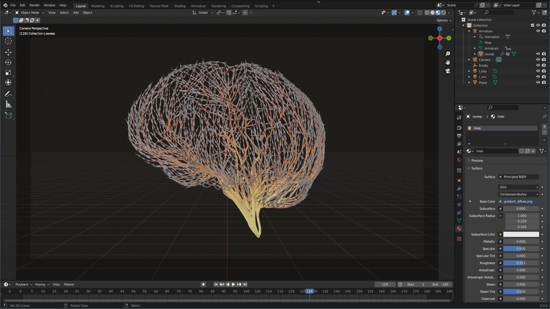 Human brain made out of lines Unrolling growing animation 3D model_6