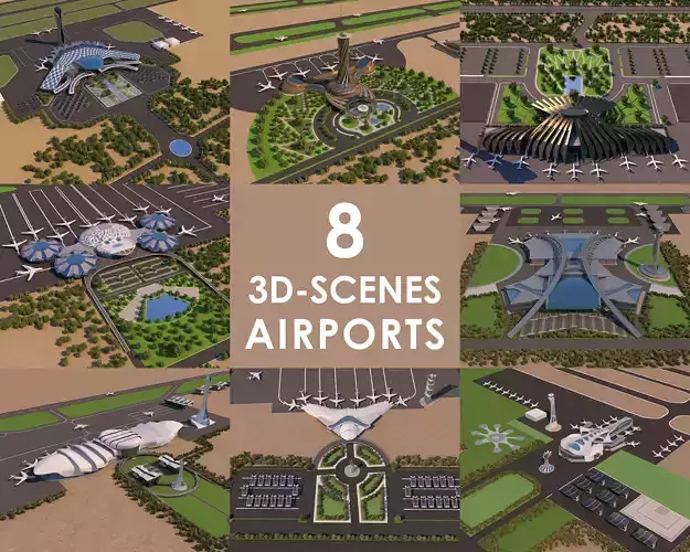 8 Scenes Projects - Architecture Airports - 2021 - Bundle 3D Model Collection