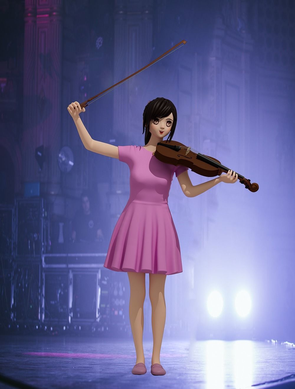 the violin girl cartoon 3D model_1