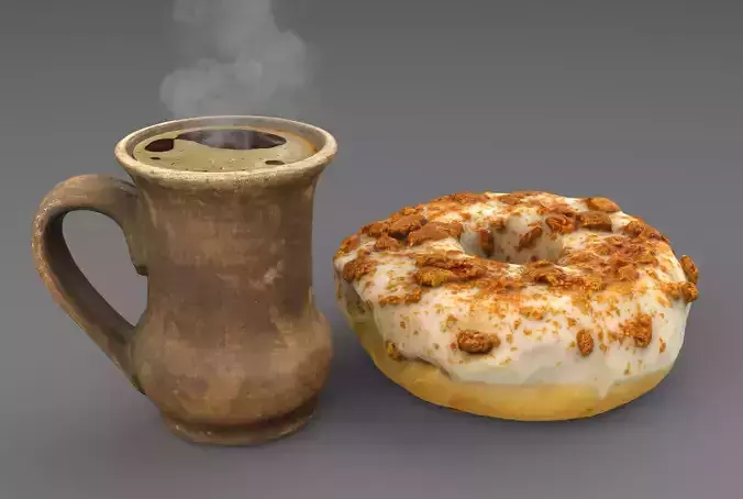 A clay cup of coffee with a donut