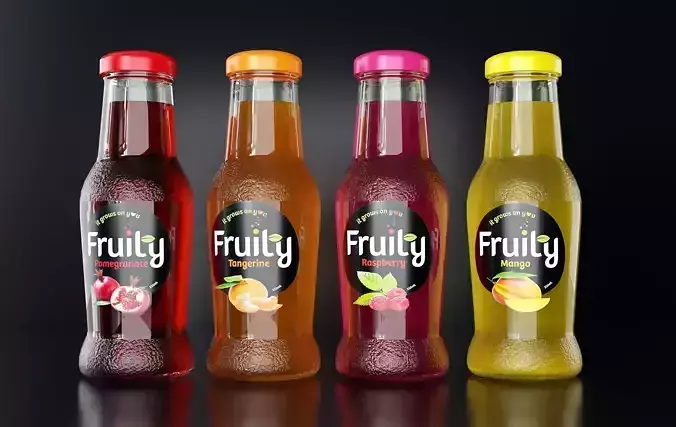 Four bottles with different juice 3D model