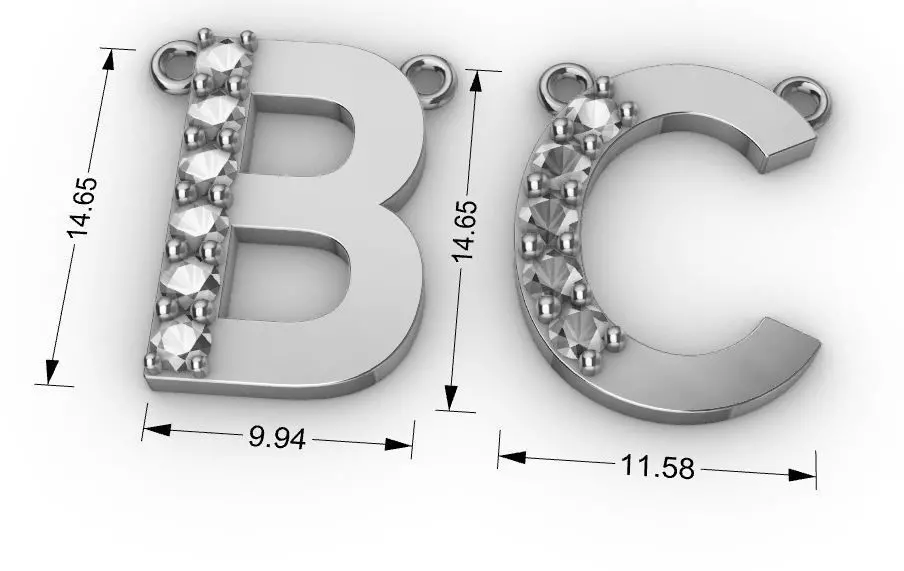 initial B C pendant diamond gold 3D print model_0