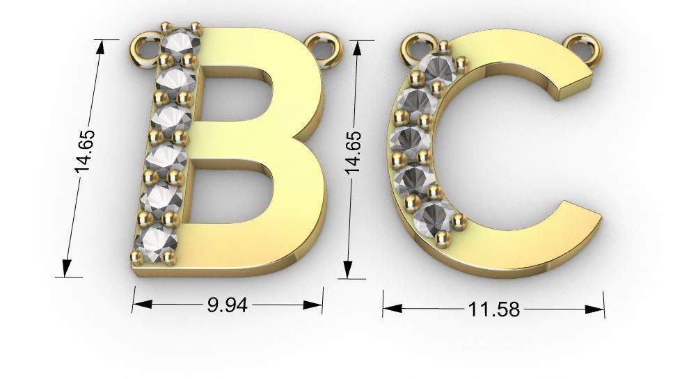 initial B C pendant diamond gold 3D print model_1