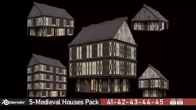 Medieval Houses Pack 41-42-43-44-45 - 4K Textures Game Ready Low-poly 3D model