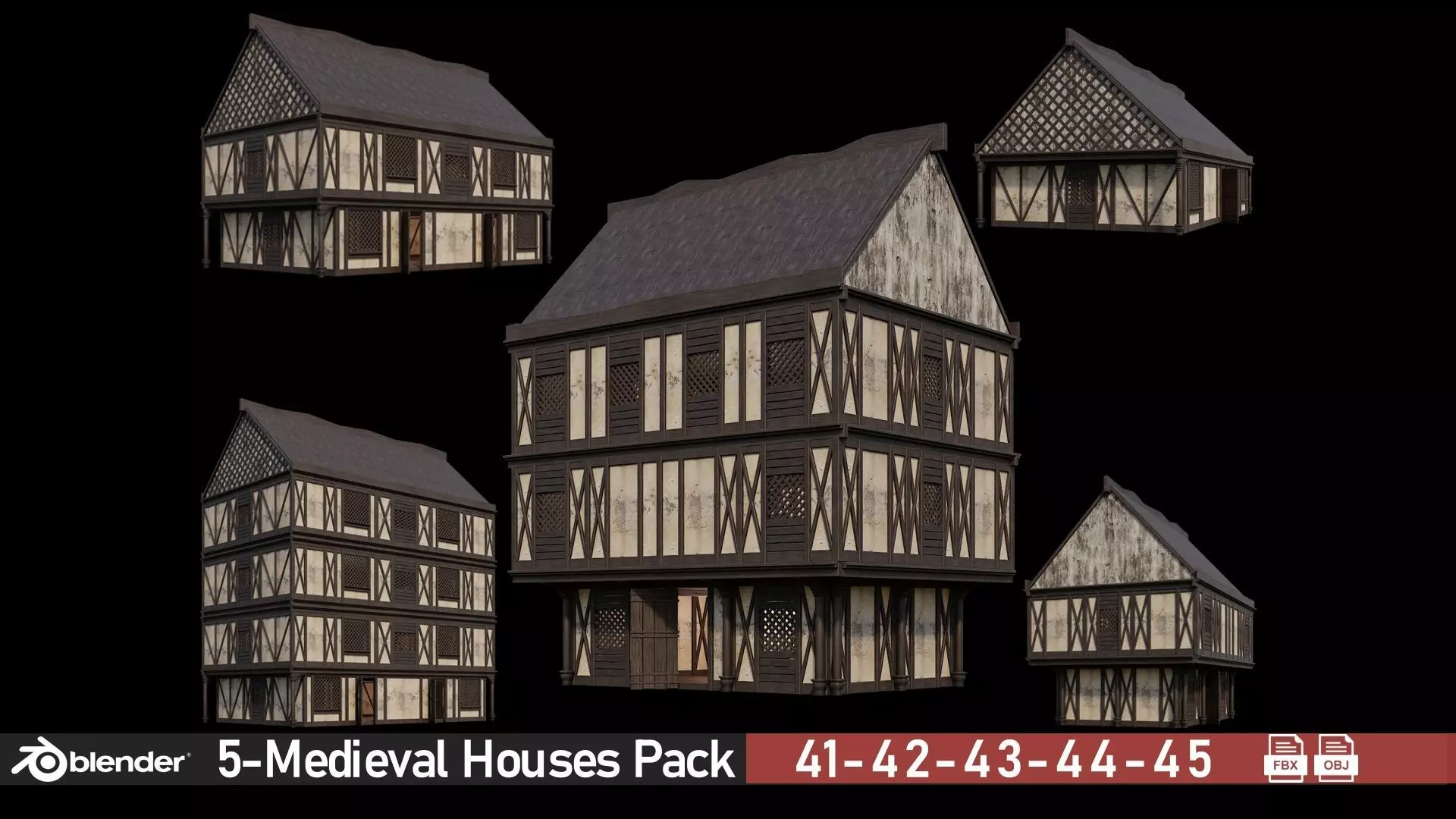 Medieval Houses Pack 41-42-43-44-45 - 4K Textures Game Ready Low-poly 3D model_0
