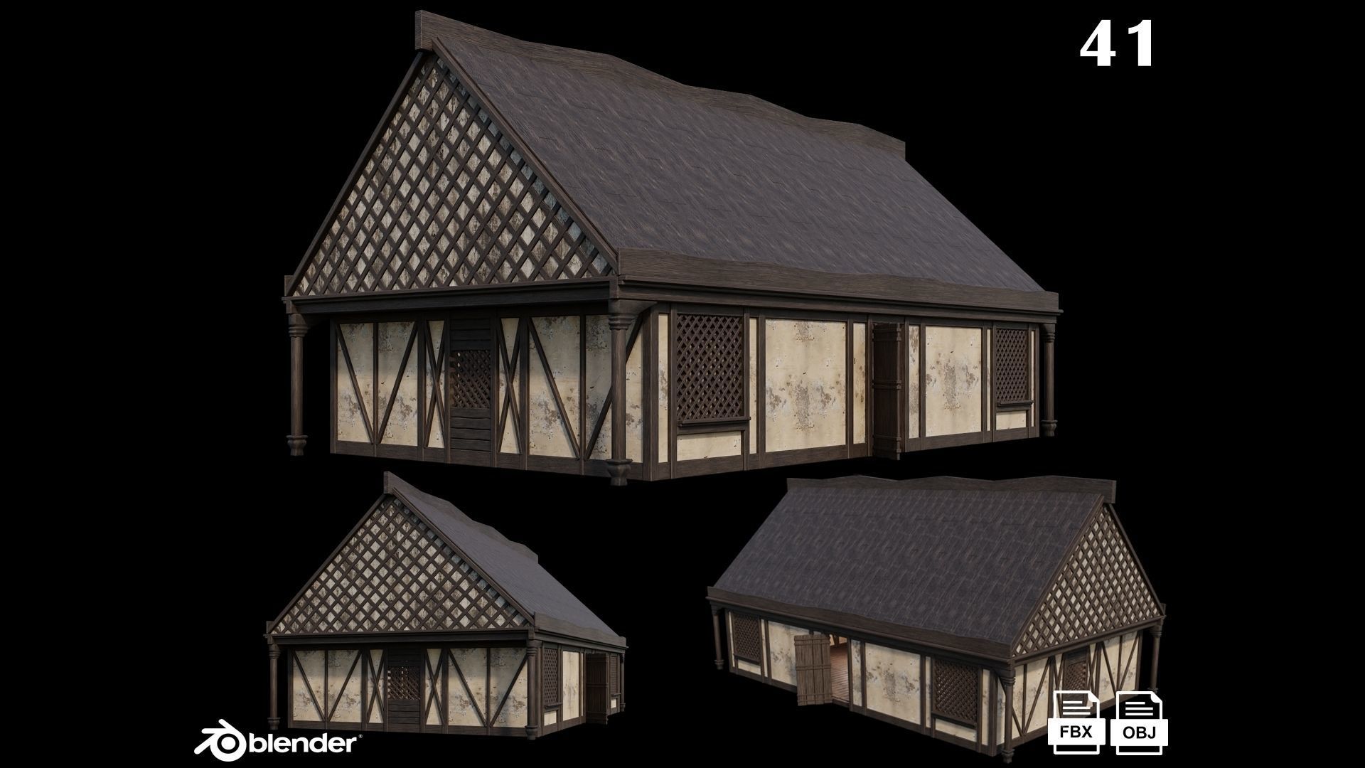Medieval Houses Pack 41-42-43-44-45 - 4K Textures Game Ready Low-poly 3D model_1