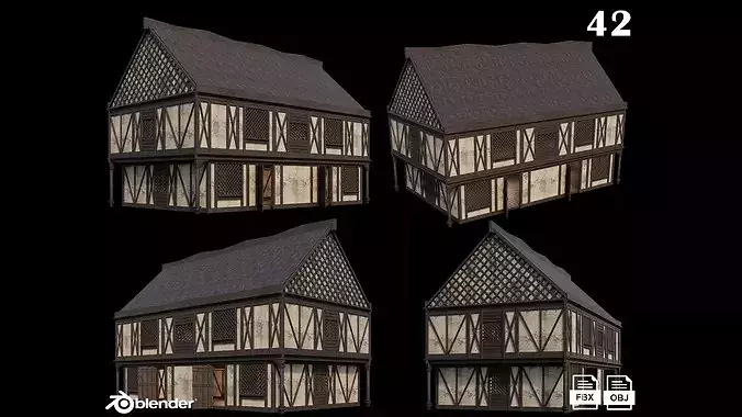 Medieval Houses Pack 41-42-43-44-45 - 4K Textures Game Ready Low-poly 3D model 3