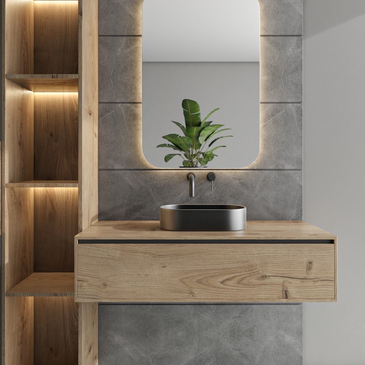 bathroom furniture set - black and wood  3D model_1