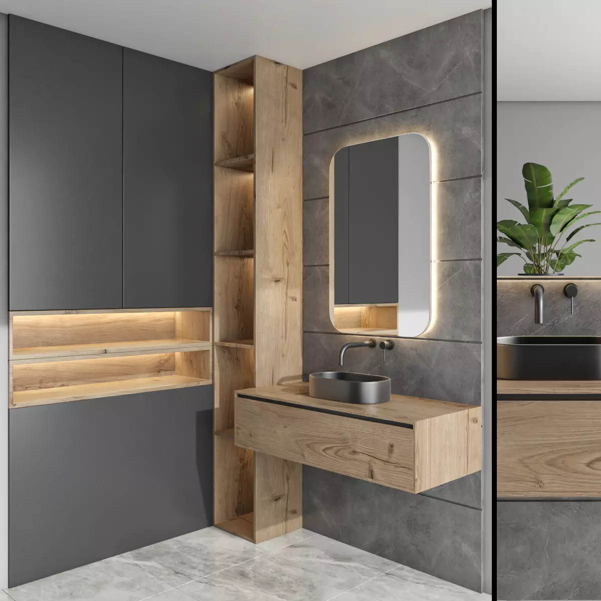 bathroom furniture set - black and wood  3D model_0